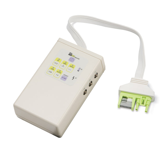 The ZOLL AED Simulator from ZOLL includes control features such as buttons and a connected multicolored cable plug to ensure seamless operation.
