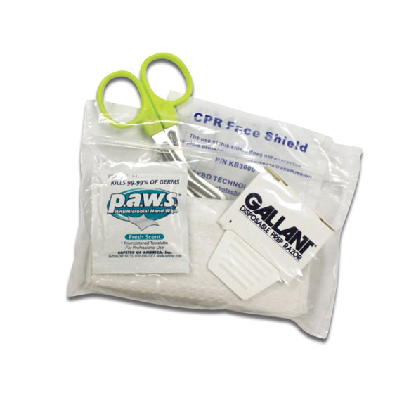 The ZOLL CPR-D accessory kit, available in a case of 50, offers essential first aid supplies such as a CPR barrier mask, scissors, antimicrobial wipes, and a disposable mask in a compact package.