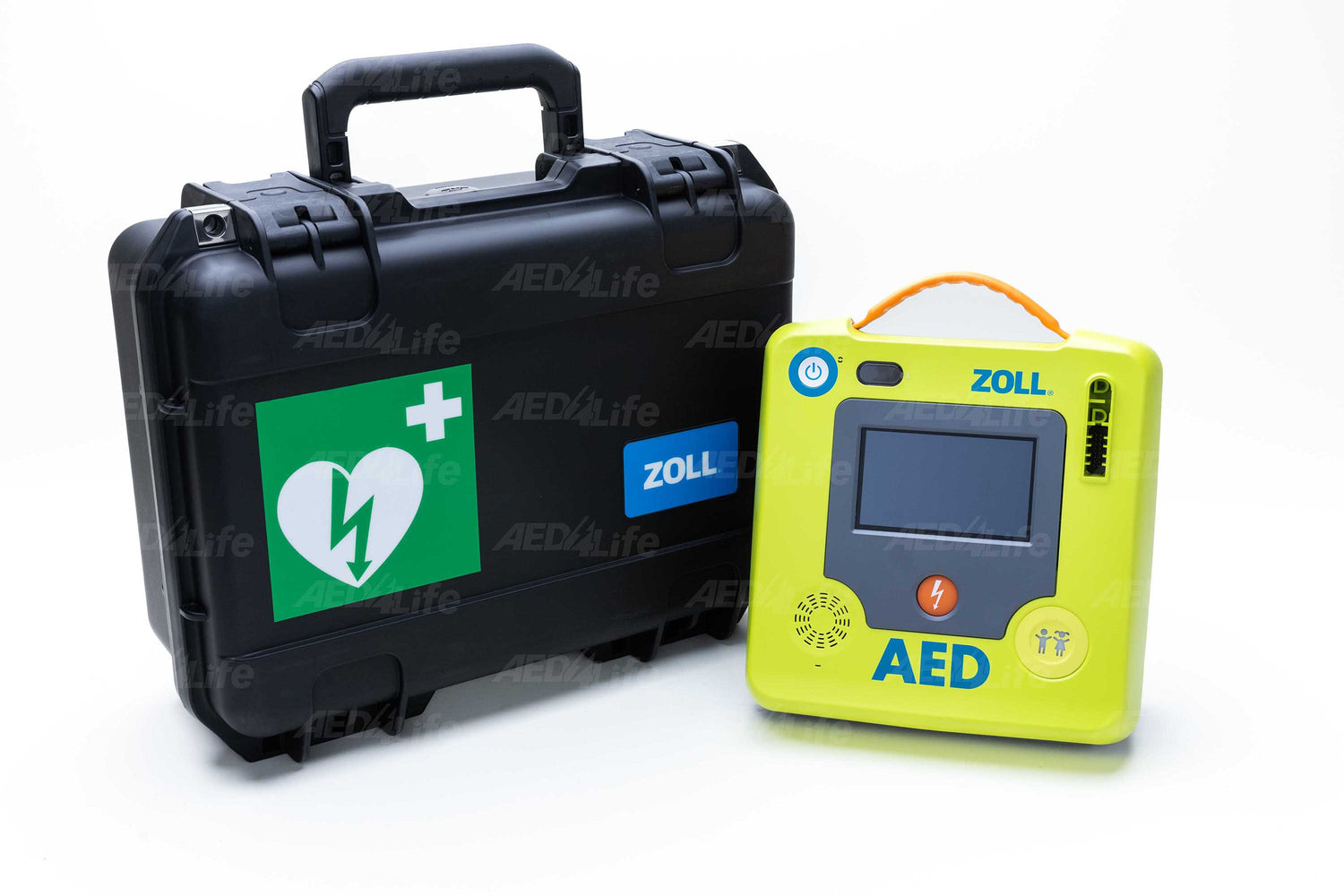 Introducing the durable ZOLL AED 3 Hard Case (Small), a shock-resistant, portable AED with a sleek black carrying case. It boasts a distinctive green heart symbol with a lightning bolt and is designed to be waterproof for maximum durability in any situation.