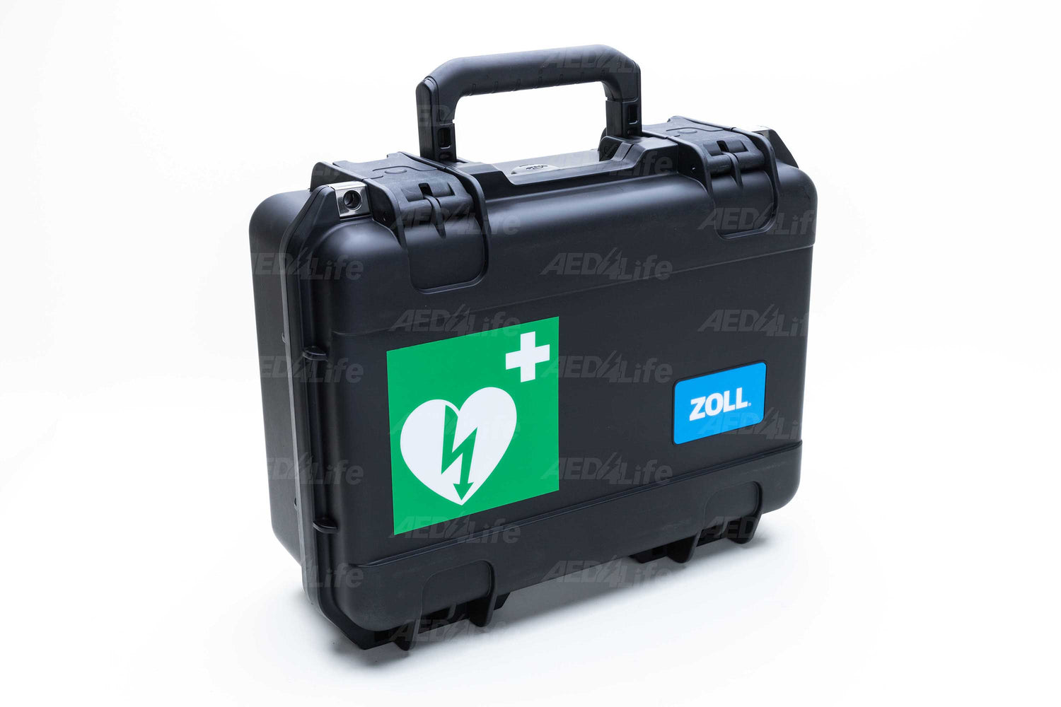 The ZOLL AED 3 Hard Case (Large) is a black, shock-resistant defibrillator case that features a green heart icon and the ZOLL logo on the side, offering enhanced durability for peace of mind.