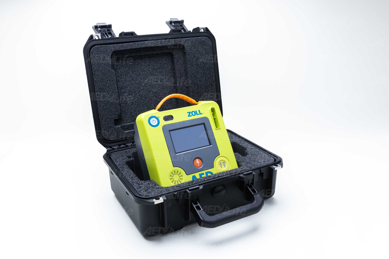 A ZOLL AED 3 defibrillator securely placed in an open shock-resistant, waterproof ZOLL AED 3 Hard Case (Large) against a white background.