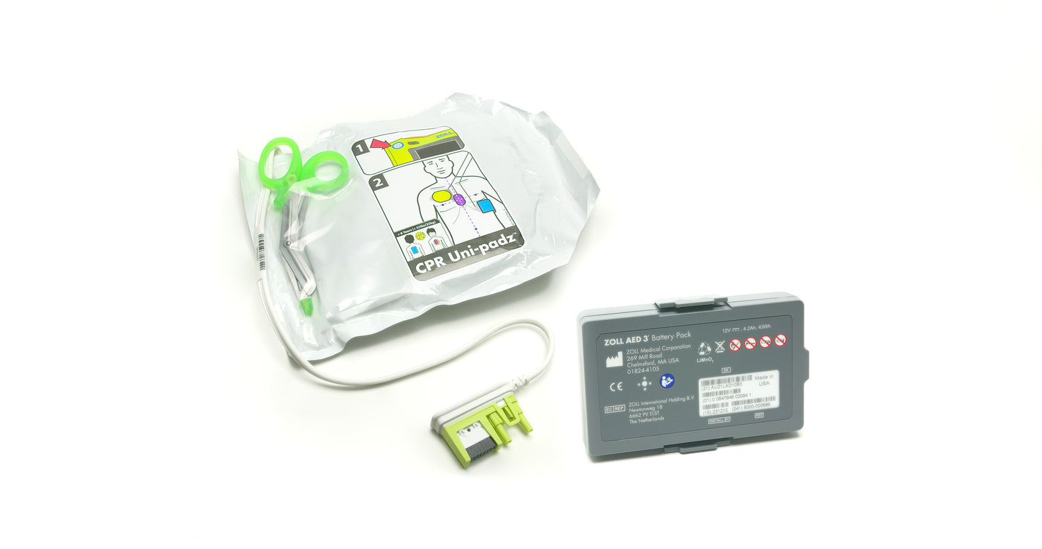 ZOLL AED 3 Refresh Pack including CPR Uni-padz kit with scissors, electrode pads, connector, and a gray ZOLL AED 3 battery pack on a white background.