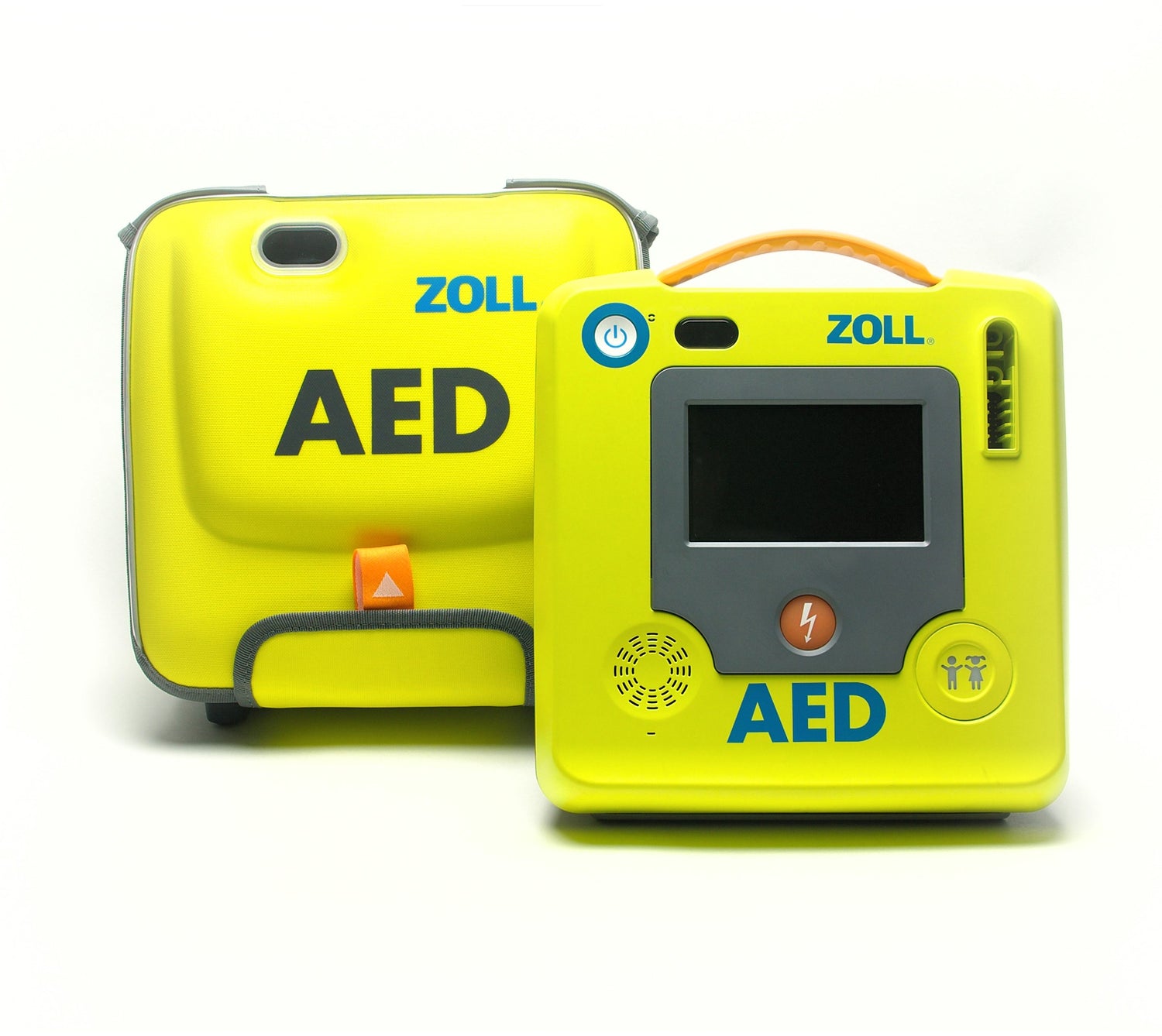 The ZOLL AED 3 with Carry Bag Package includes two yellow Zoll AED devices: one in a compact carry case and the other featuring a screen and buttons, both clearly labeled "AED." Designed for cardiac emergencies, the ZOLL AED 3 is an advanced Automated External Defibrillator crafted for prompt intervention.