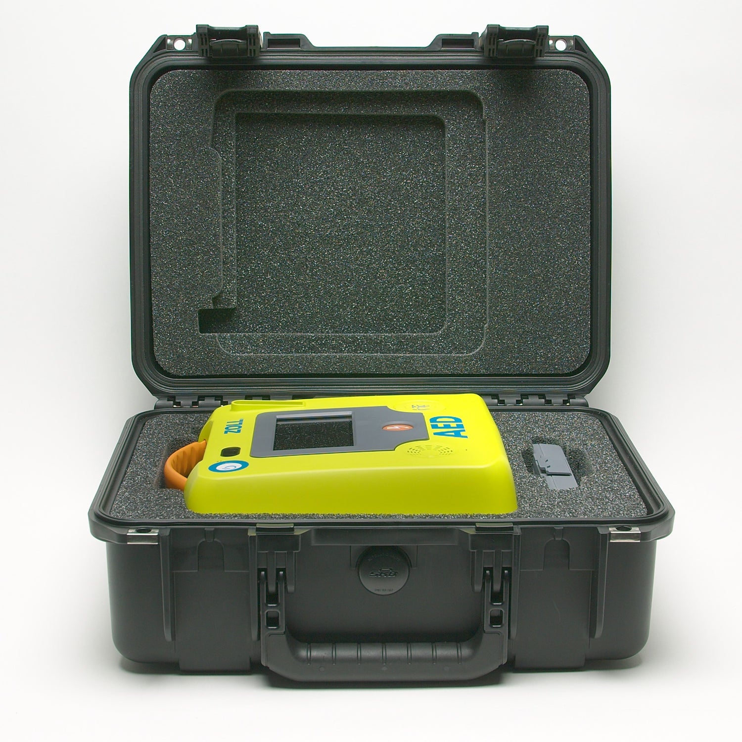 A ZOLL AED 3 Hard Case (Small) by ZOLL, featuring an open, protective black Pelican case with foam padding.