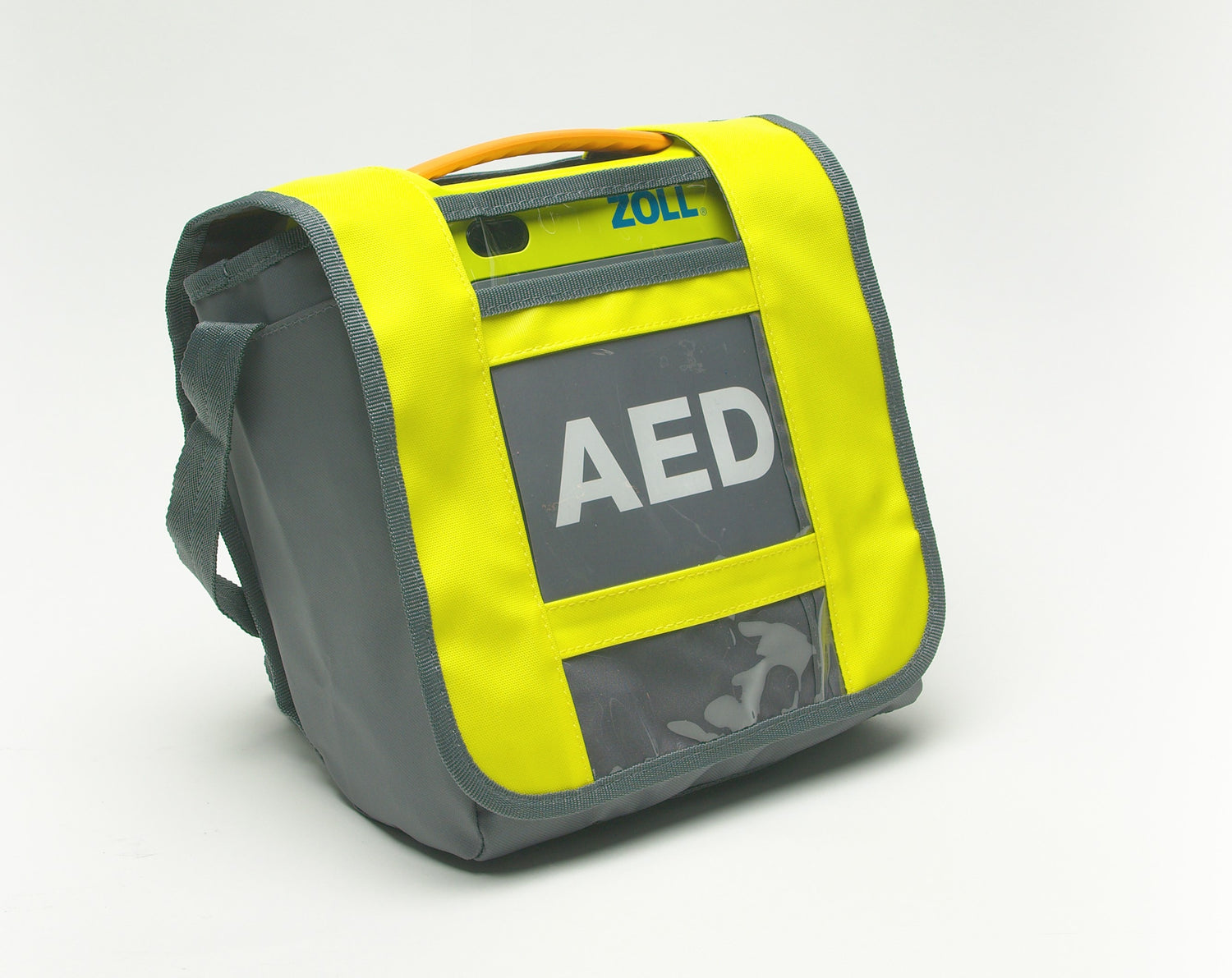 The ZOLL AED 3 Soft Carry Case is a slim, soft-sided gray and yellow bag with a handle, displaying "AED" on the front.