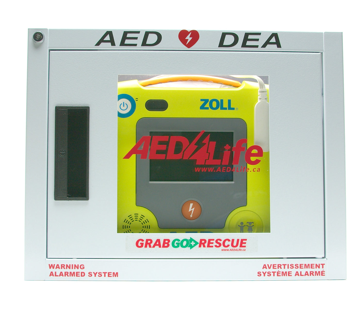 A ZOLL AED 3 - Complete Package, conveniently housed in a white cabinet with a transparent front panel, ready for any cardiac emergency.