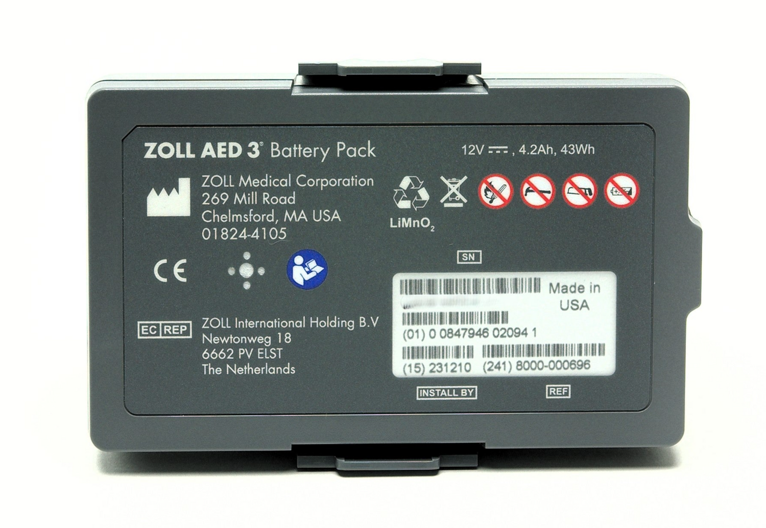 The ZOLL AED 3 Battery Pack, branded by ZOLL, features labels, specifications, and compliance symbols prominently displayed on the front. It contains a dependable Lithium Manganese Dioxide battery that offers an extended defibrillator range.