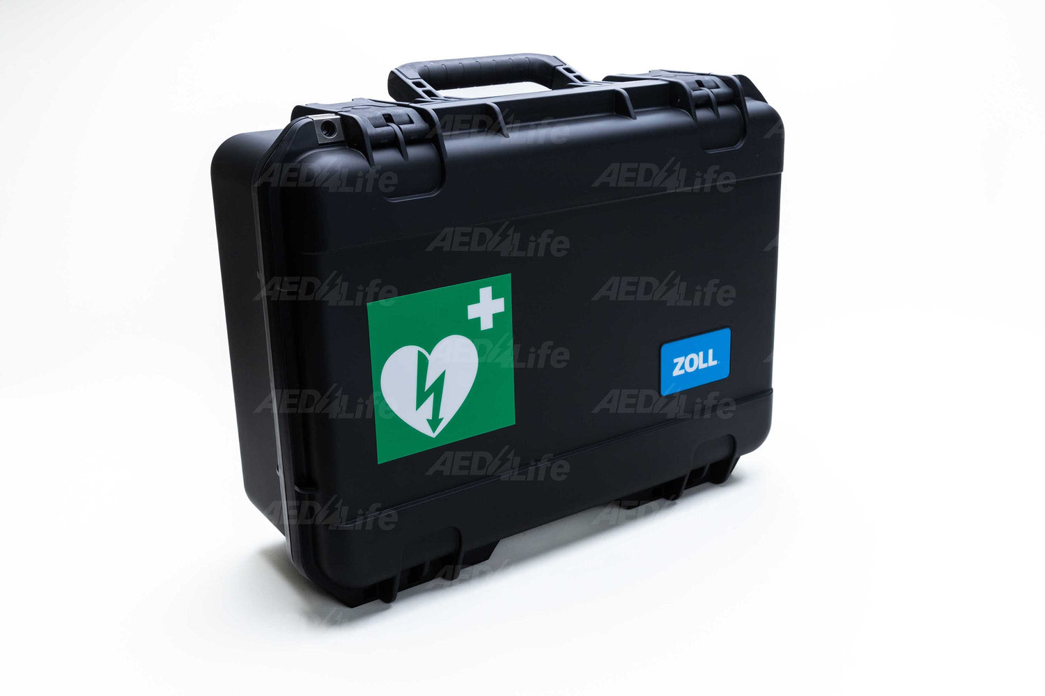 The ZOLL AED Plus Small Pelican Case by Zoll is a black, waterproof medical case with a heart and lightning bolt symbol next to a green cross, prominently showcasing the "ZOLL" logo. Built to endure challenging environments, this Pelican Case is ideal for safely storing your ZOLL AED Plus.