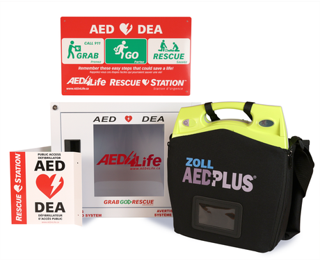 ZOLL AED Plus - Complete Package by ZOLL, including an AED rescue station with clear instructions, a wall-mounted case, and the ZOLL AED Plus automated external defibrillator equipped with Real CPR Help technology—all securely housed in a black bag.