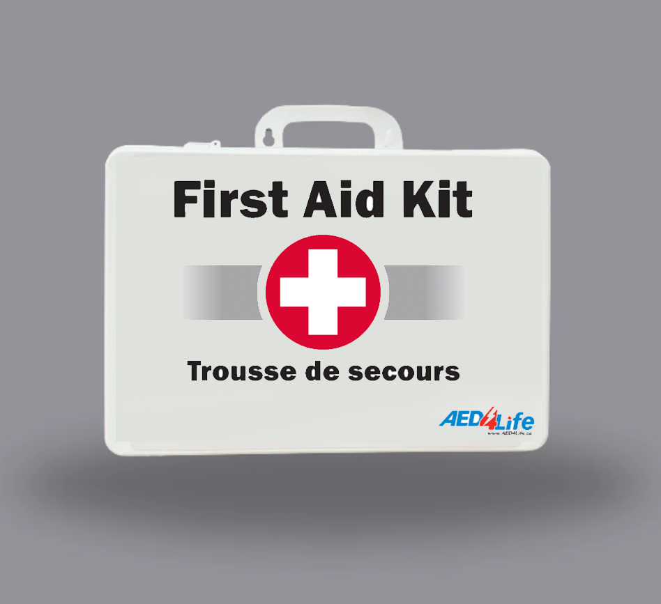 AEDShop's compact First AID Kit - Small comes in a white case with a red cross and dual language text: "First Aid Kit" and "Trousse de secours." It includes essential items such as adhesive bandages and a CPR barrier device to ensure emergency readiness.