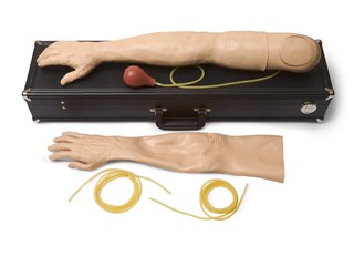 The Laerdal Arterial Arm Stick Kit includes a pair of lifelike practice arms designed for arterial puncture procedures, conveniently packaged with a black carrying case, ideal for medical training.