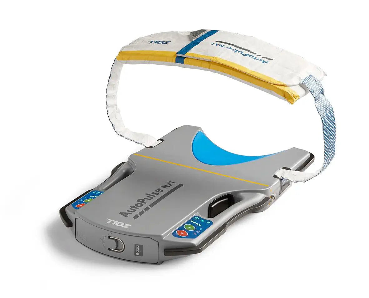 The ZOLL AutoPulse® Non-Invasive Cardiac Support Pump by Zoll includes a chest compression band that delivers consistent compressions for automated CPR, all presented against a white background. It is perfect for managing Sudden Cardiac Arrest emergencies with dependable precision.