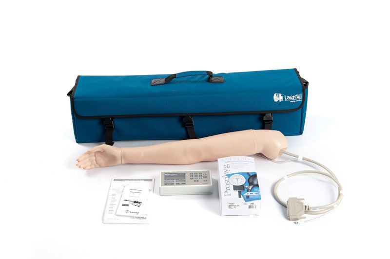 Laerdal's Blood Pressure Training Arm set includes programmable pressures, a blue carrying case, a user manual, and accessories, all displayed on a white background.