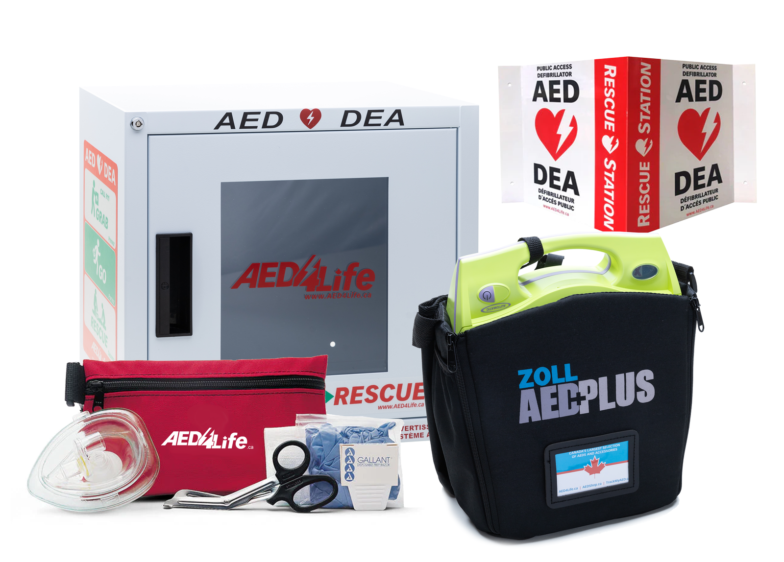 AED equipment including a ZOLL AED Plus, AED Life pouch, and accessories on a white background.