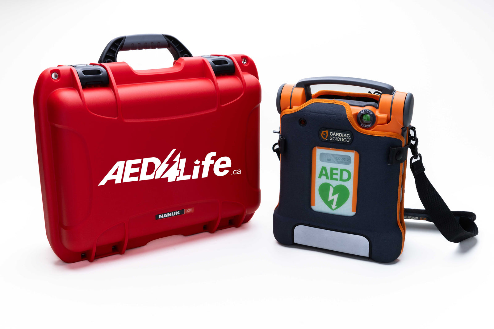 A Cardiac Science G5 BILINGUAL Construction and Workplace Safety Bundle from The AED Shop, in orange and gray, sits beside a red AED4Life carrying case, offering reliable CPR feedback for your workplace.