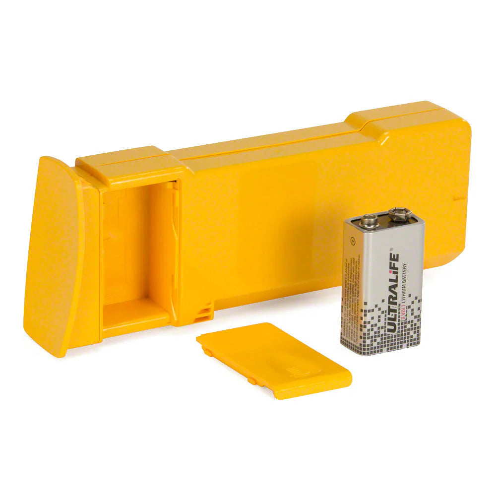 Defibtech Battery Pack w/9-volt for Lifeline AED—High-Capacity Battery by Defibtech, featuring a yellow plastic holder with detachable cover, ensures reliable power for devices needing frequent defibrillation shocks.