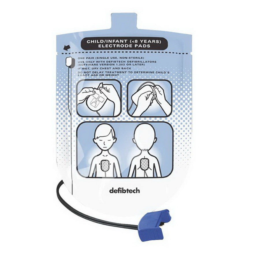 Defibtech Pediatric Electrode Set packaging for children/infants, including Defibtech Lifeline AED child defibrillation pads, with illustrated usage instructions and a sealed connector plug.