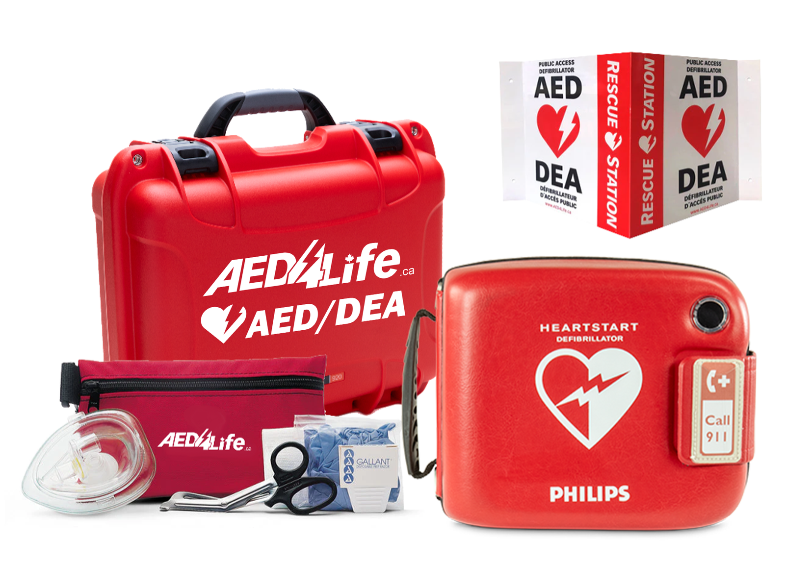 The AED Shop Philips HeartStart FRX Construction and Workplace Safety Kit includes a defibrillator, rescue station sign, mask, gloves, and first aid supplies for rapid emergency response at worksites.