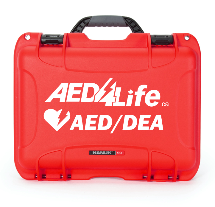 The AEDShop AED Hard Shell Case is bright red with a heart and "AED/DEA" label on the front, featuring a waterproof design to protect your equipment.