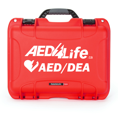 The AEDShop AED Hard Shell Case is bright red with a heart and "AED/DEA" label on the front, featuring a waterproof design to protect your equipment.