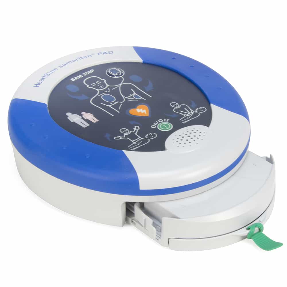 The HeartSine Aviation AED device, from the HeartSine brand, features diagrams on the top, showcasing its portable defibrillation technology.