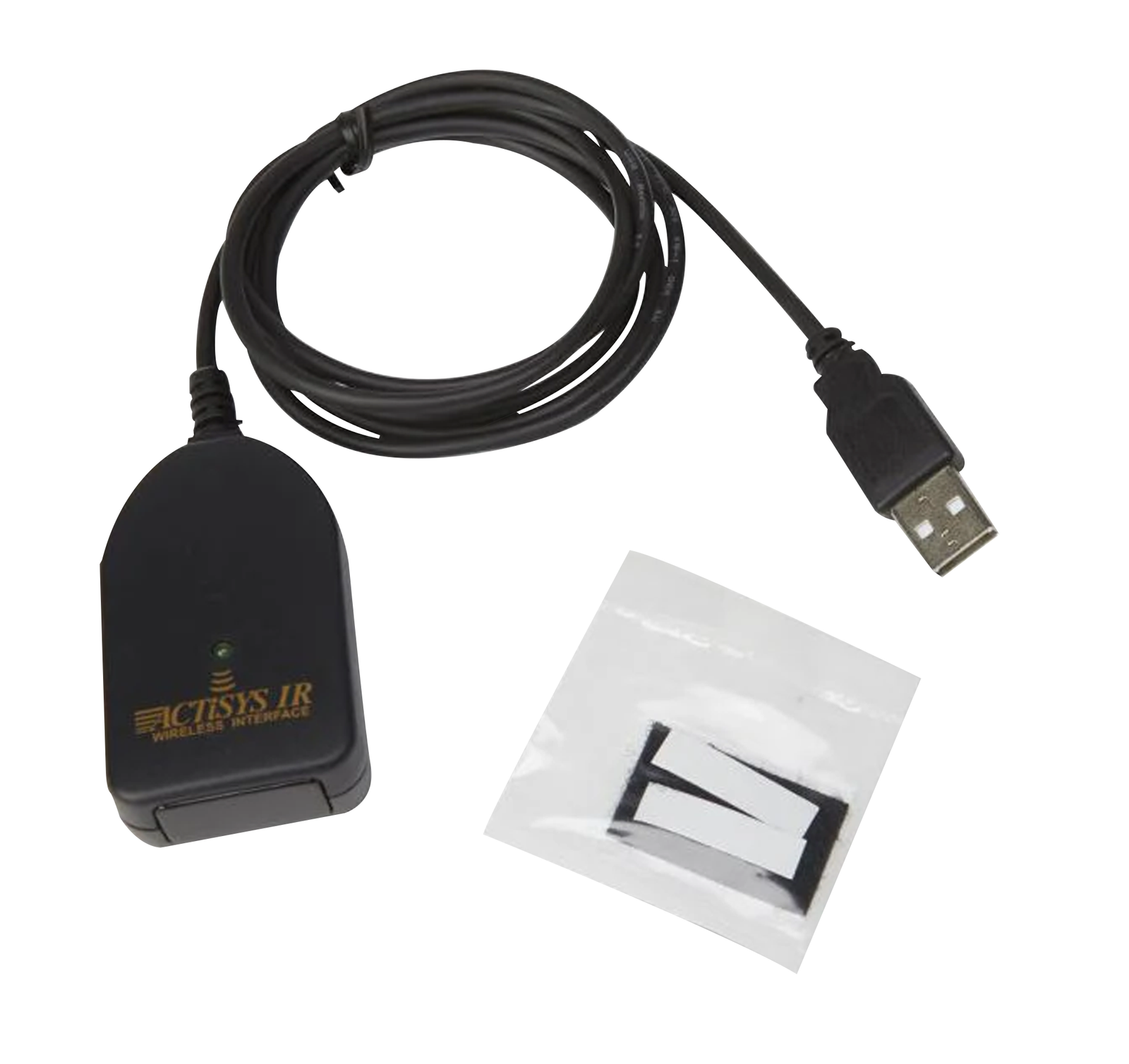 The ZOLL USB IrDA Adapter is a black device with a cable, made for use with the ZOLL AED Pro. It comes with a small packet of rectangular adhesive pads.