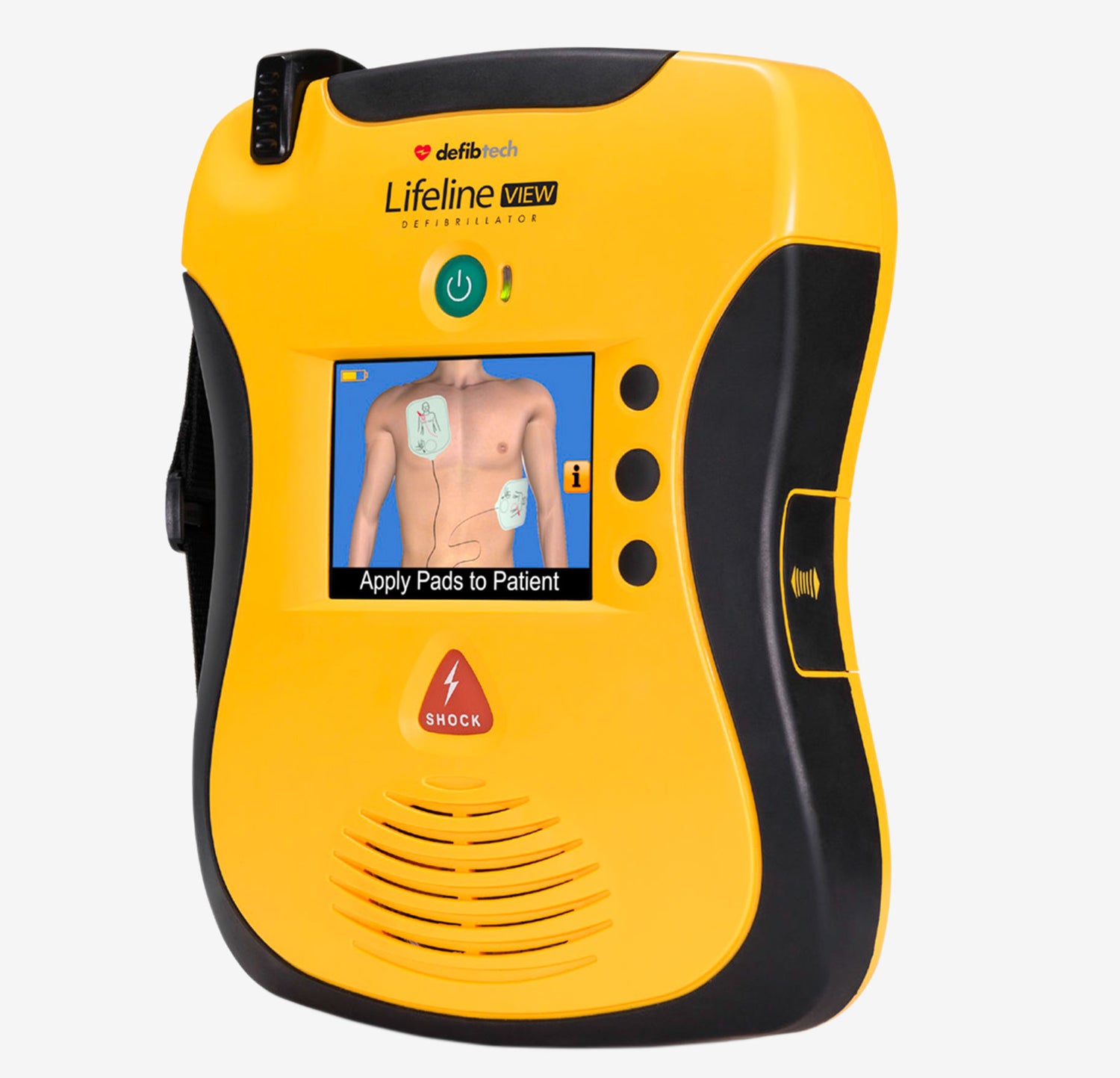 The Defibtech Lifeline VIEW Complete Package, from the brand Defibtech, includes an interactive display that provides clear instructions for pad placement and a shock button, all enhanced by voice prompts to guide the user.