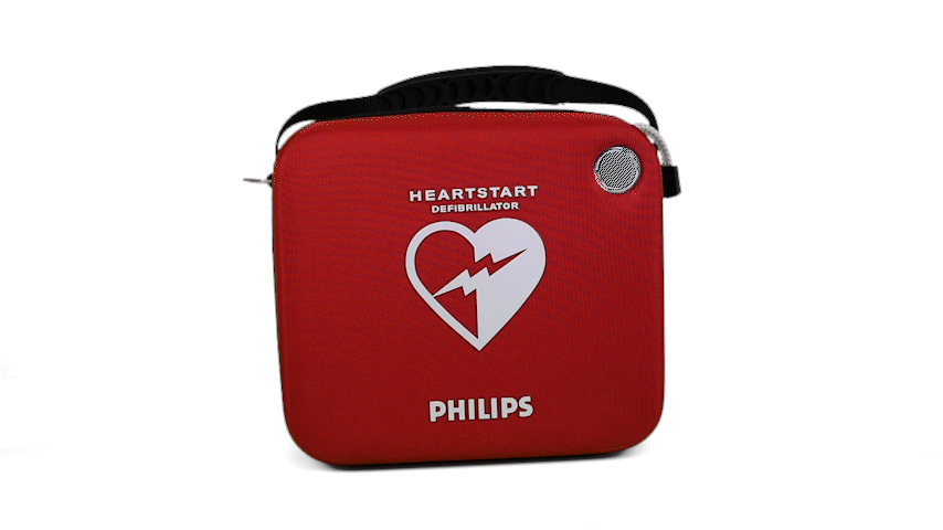 Red Philips HeartStart OnSite Defibrillator carrying case featuring a heart and lightning bolt logo.