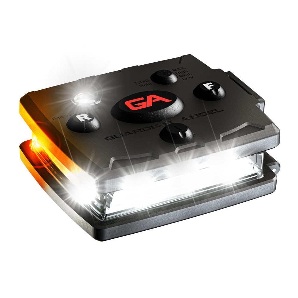 The Guardian Angel Micro Series by Guardian Angel is a compact, lightweight rectangular black device featuring bright LED lights on its sides for enhanced visibility and a glowing "GA" button on top. It includes a convenient rechargeable battery for uninterrupted use.