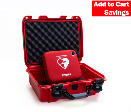 Philips HeartStart OnSite Defibrillator Grab & Go Bundle by Philips, shown in an open case with "Add to Cart Savings" text in the corner—an easy-to-use device for emergency response.