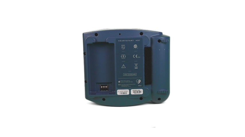 Back view of a Philips HeartStart OnSite Defibrillator showing the battery compartment and device labels.