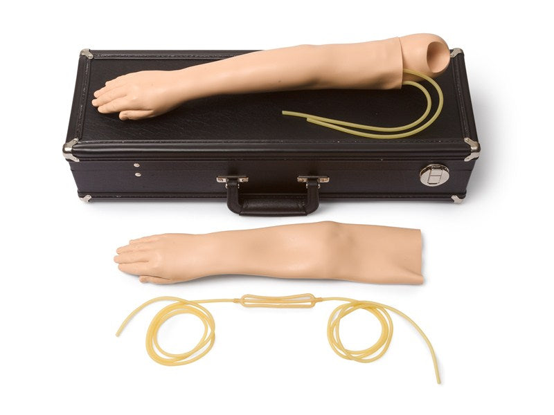 The Arterial Arm Stick Kit by Laerdal includes a prosthetic arm complete with tubing and a black case, along with an adult male arm reproduction, perfect for practicing arterial puncture procedures.