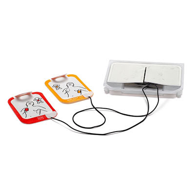 The Physio-Control LIFEPAK CR2 USB - Complete Package from STRYKER includes two illustrated pads linked by wires to a main unit and is enhanced with cprINSIGHT technology.