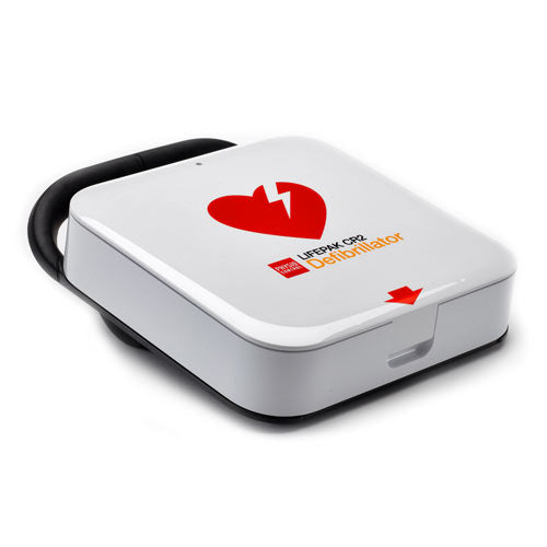 Introducing the Physio-Control LIFEPAK CR2 with WiFi-Bilingual, a sleek white defibrillator from STRYKER featuring a distinctive red heart and lightning bolt symbol on the lid, now equipped with WiFi for real-time monitoring.