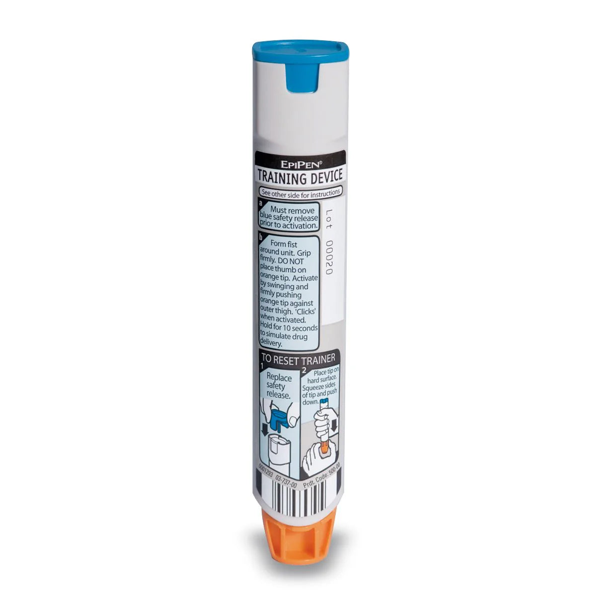 The AED Shop Demo Dose EpiPen Trainer is an instructional auto-injector syringe trainer with labeled instructions and a blue safety cap, ideal for handling allergic emergencies.