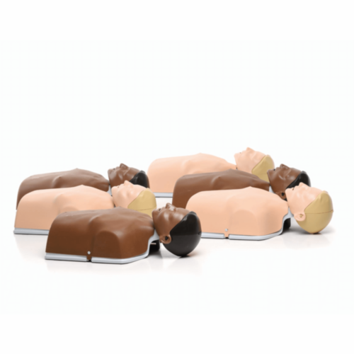 Several Little Anne Stackable Manikins by Laerdal, featuring various skin tones and crafted from recycled materials, are laid out in rows.