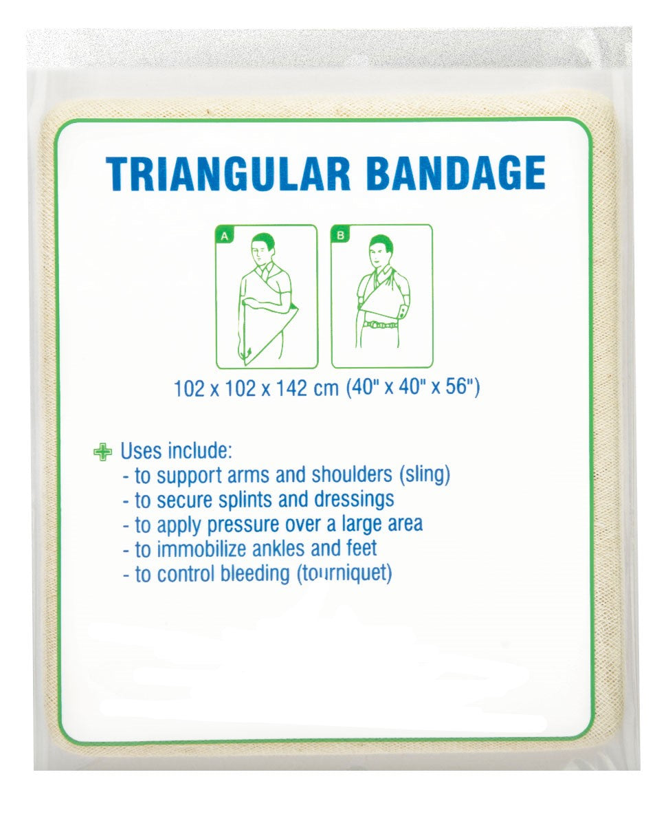 The packaging for the AED Shop Triangular Bandage, Non-Compressed, Pkg of 10 displays its dimensions and versatile uses, such as supporting arms, controlling bleeding, and functioning as a 100% cotton sling or tourniquet.