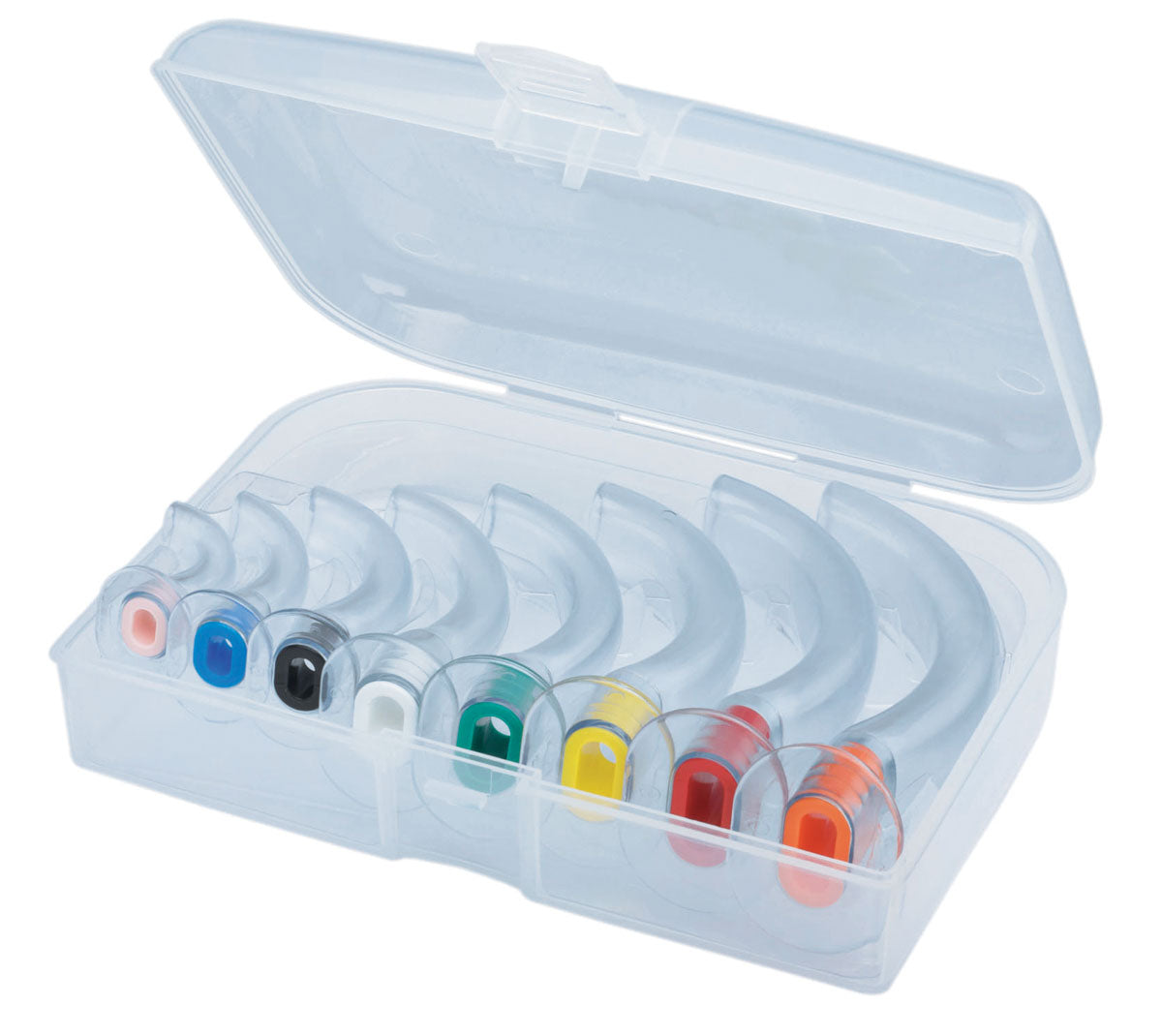 The AED Shop Oral Airways Kit features a transparent box containing seven colored oropharyngeal airway devices, meticulously arranged in size order, which are essential for effective airway management in unconscious patients.