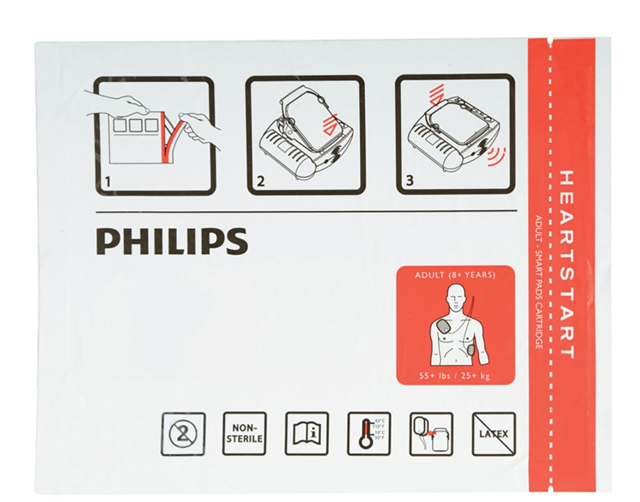 The Philips OnSite Adult SMART Pads Cartridge packaging includes illustrated instructions and detailed product information, offering a convenient AED pads installation guide.