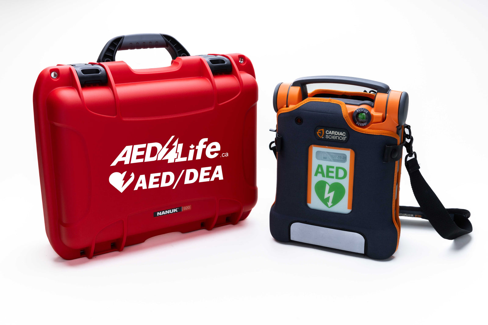 The AED Shop's Cardiac Science G5 BILINGUAL Construction and Workplace Safety Bundle includes a red AED carrying case, a Powerheart G5 AED, green AED sign, and convenient shoulder strap.