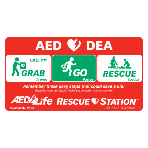 RescueStation™ Flat Sign: "Grab, Go, Rescue" featuring icons for enhanced visibility and a reminder to "Call 911" near the defibrillator.