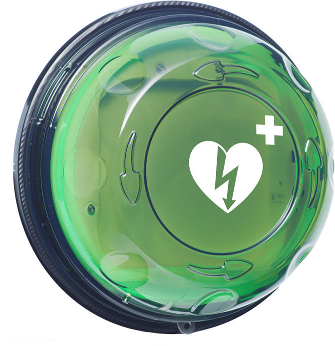 The Rotaid 24/7 Fully Monitored, Heated, Alarmed AED Cabinet features a distinct green design with a heart and lightning symbol on the cover and is integrated with an advanced AED management system for improved cardiac arrest readiness.