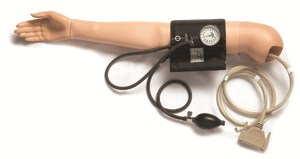 The SimPad Blood Pressure Trainer by Laerdal is a prosthetic model featuring an integrated blood pressure cuff and tubing, crafted specifically for medical training. It enhances realism and supports the SimPad PLUS System to effectively teach users how to recognize Korotkoff sounds.