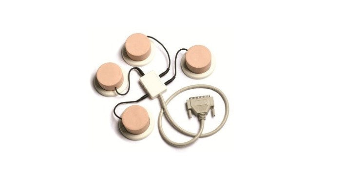 A circular wooden USB hub featuring four ports and a beige connector cable, ideal for connecting your Laerdal Sounds Trainer.