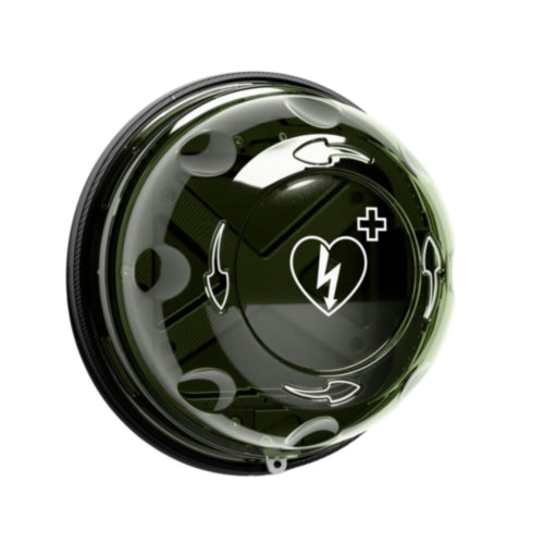 Rotaid 24/7 Fully Monitored, Heated, Alarmed AED Cabinet by Rotaid features a green circular design with a heart and lightning bolt symbol on the front, making it ideal for integration with web-based AED monitoring or management systems that support automatic AED alerts.