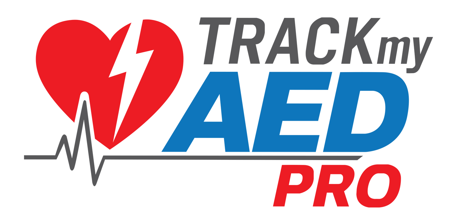 Logo for Track my AED Pro with a red heart, blue text, and a black EKG line on a white background.