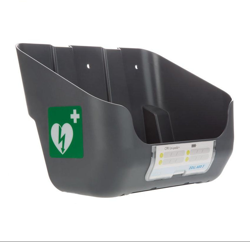 Gray wall-mounted box with green heart and cross symbol on a white background