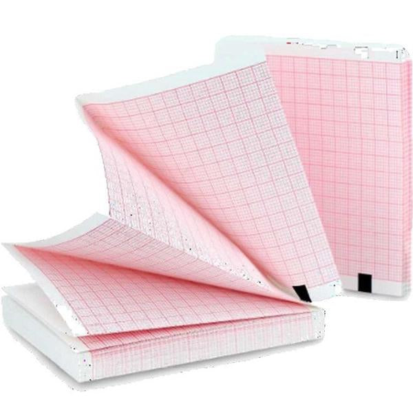 A stack of ZOLL Recorder Paper 90 MM Fan Fold, partially opened to reveal the pink gridlines in a fan fold concertina effect.