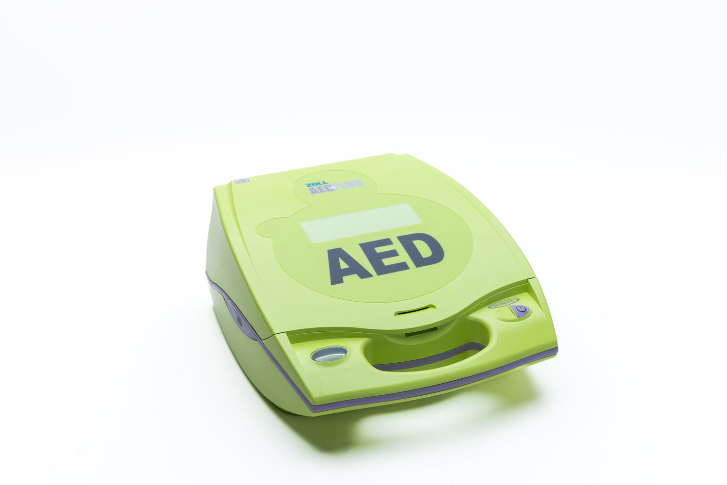 ZOLL AED Plus by ZOLL, a green automated external defibrillator featuring Real CPR Help, displayed on a white background.