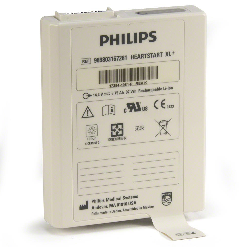 This Battery Lithium Ion for Philips HeartStart XL+ Monitor/Defibrillators by Philips, available as a special order, features comprehensive specifications and certification labels.